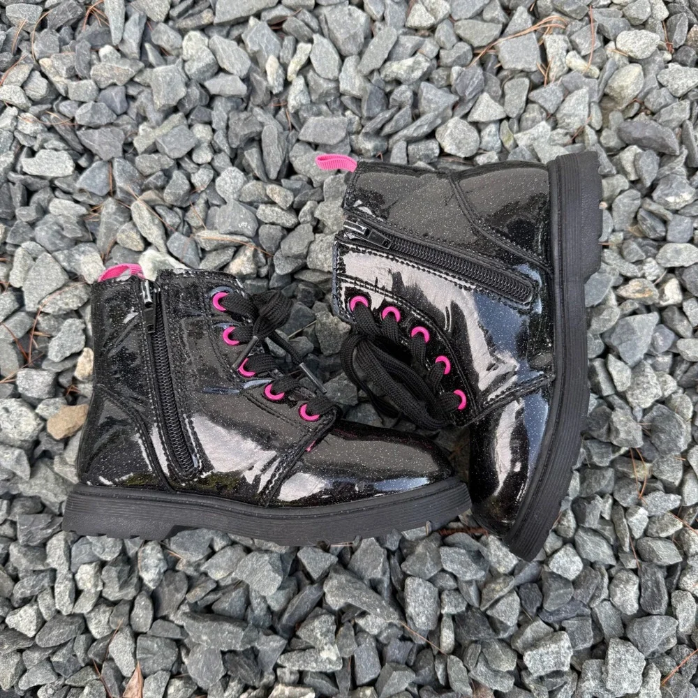 Hello Kitty Girls Black Glitter Patent Combat Boots Side Zip Pink Size 11
